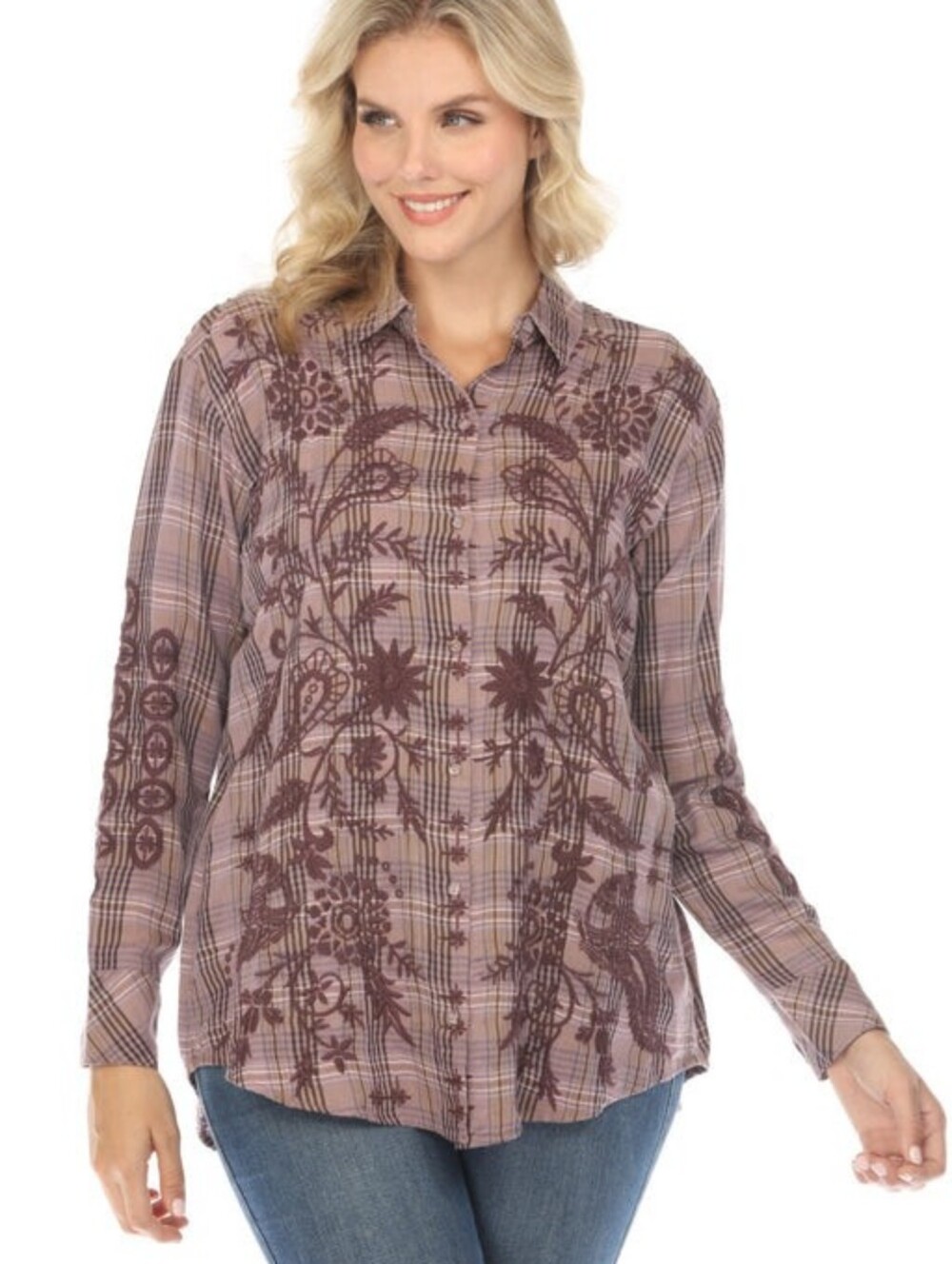 Johnny Was Workshop Purple Plaid Button Embroidery Long Sleeve Shirt Small